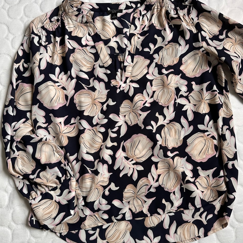 Ann Taylor Navy and Pink Floral Blouse